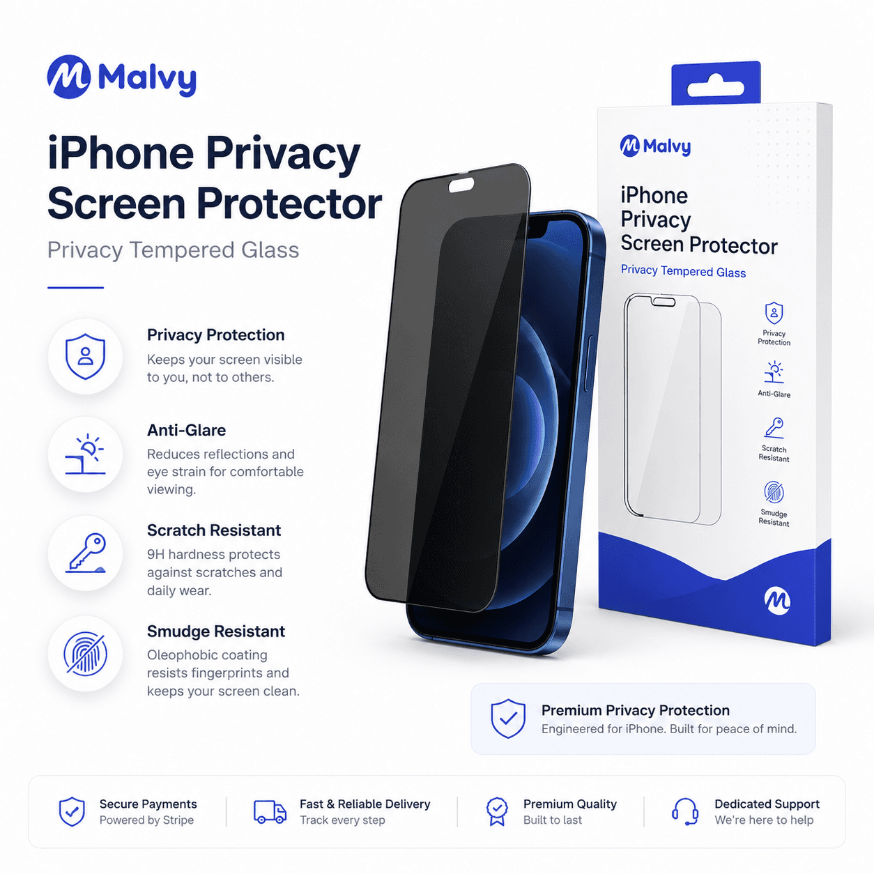 iPhone 15 Pro privacy tempered glass screen protector by Malvy