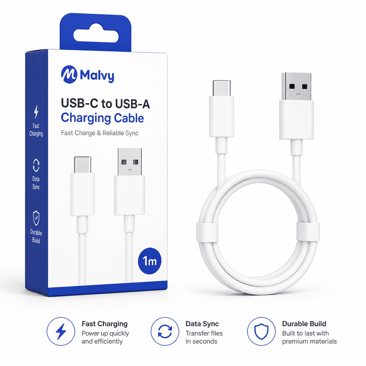 Malvy USB-C to USB-A Charging Cable 1m (Type C to USB) product photo