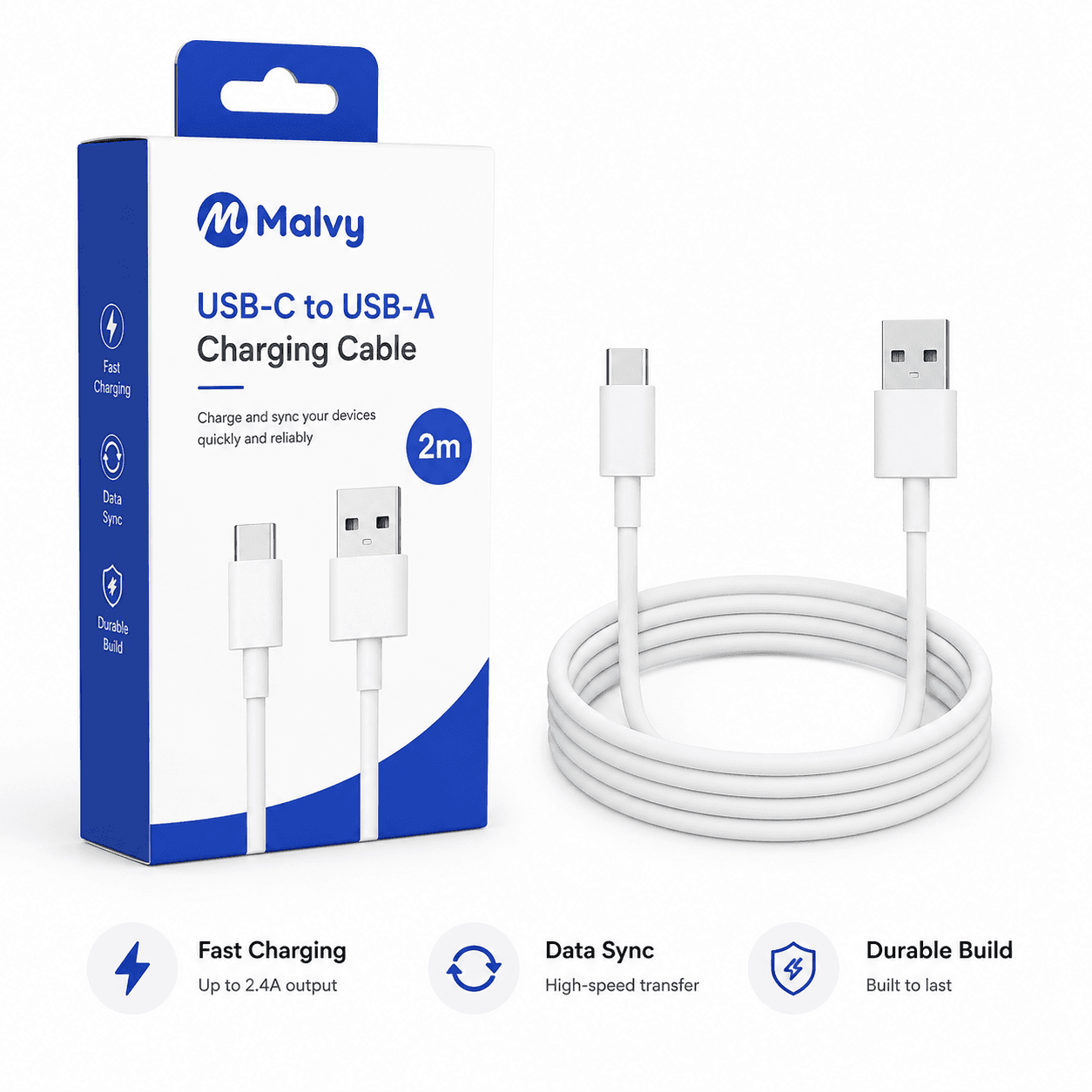 Malvy USB-C to USB-A Charging Cable 2m (Type C to USB) product photo