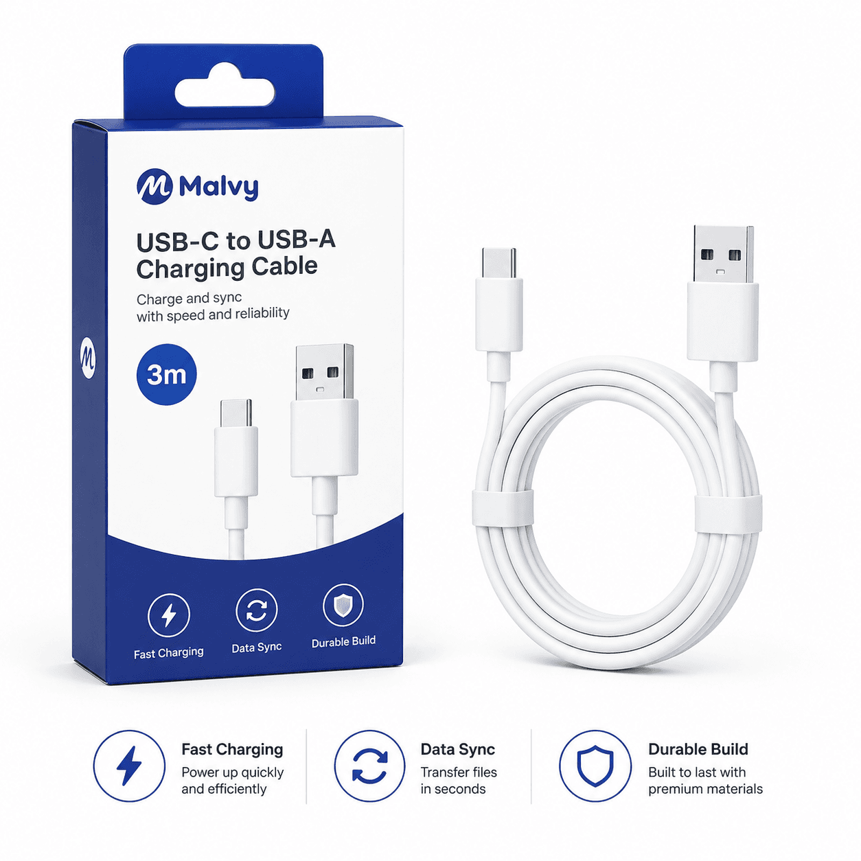 Malvy USB-C to USB-A Charging Cable 3m (Type C to USB) product photo